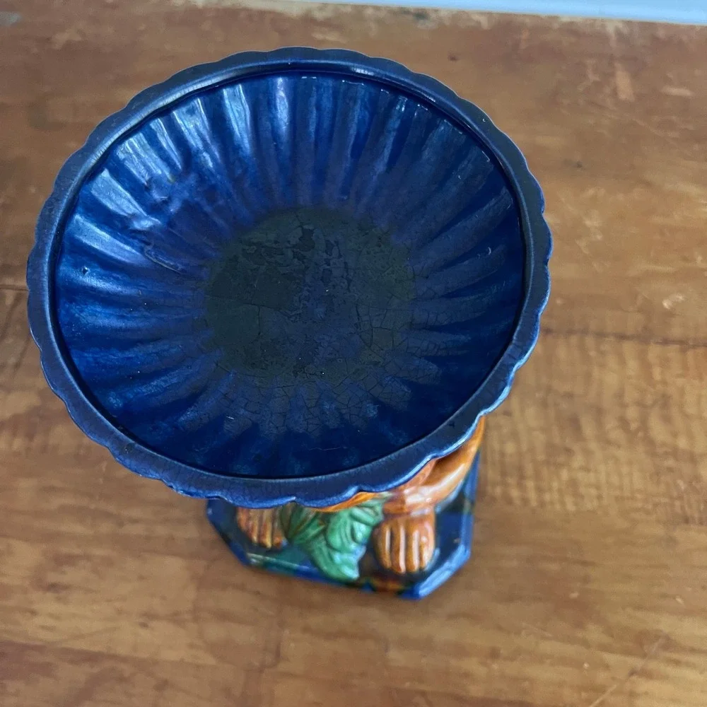 Majolica Monkey Figural Candle Holder Scalloped Bowl Blue Orange‎ Glazed Vintage